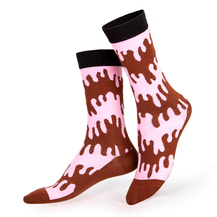 Pair of socks with pink and brown abstract pattern on a white background.
