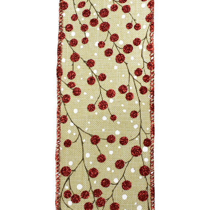 Christmas Glitter Berry Branches Wired Ribbon, 2-1/2-Inch, 10-Yard - Natural