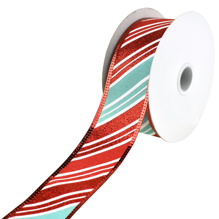 Christmas Glitter Candy Cane Stripes Wired Ribbon, 1-1/2-Inch, 10-Yard - Aqua/Red/White