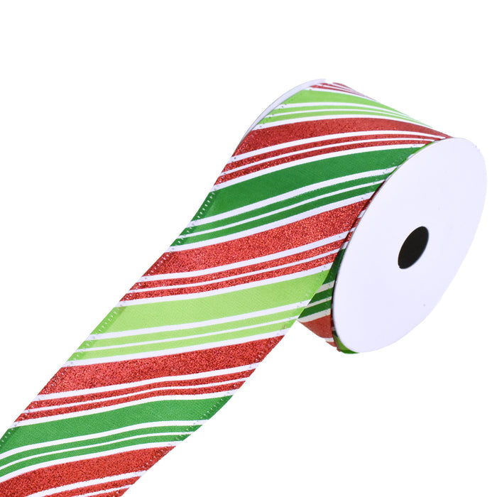 Christmas Glitter Candy Cane Stripes Wired Ribbon, 2-1/2-Inch, 10-Yard - Green/Red/White