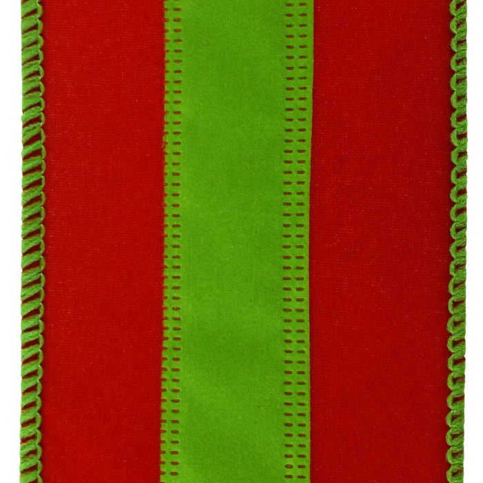Christmas Velvet Stripe Wired Ribbon, 2-1/2-Inch, 10-Yard - Red/Lime Green