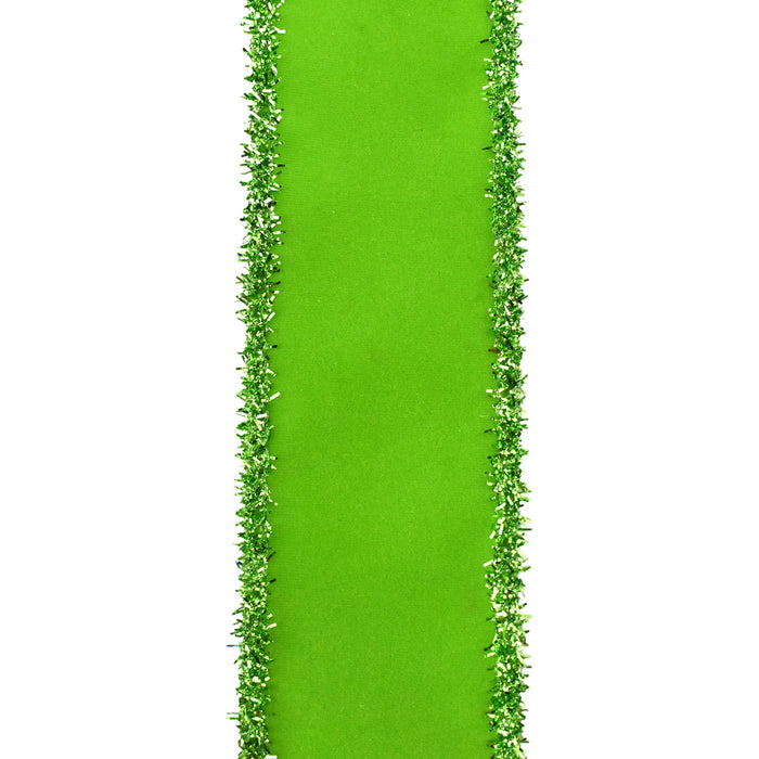 Christmas Velvet Tinsel Edge Wired Ribbon, 1-1/2-Inch, 10-Yard - Lime Green
