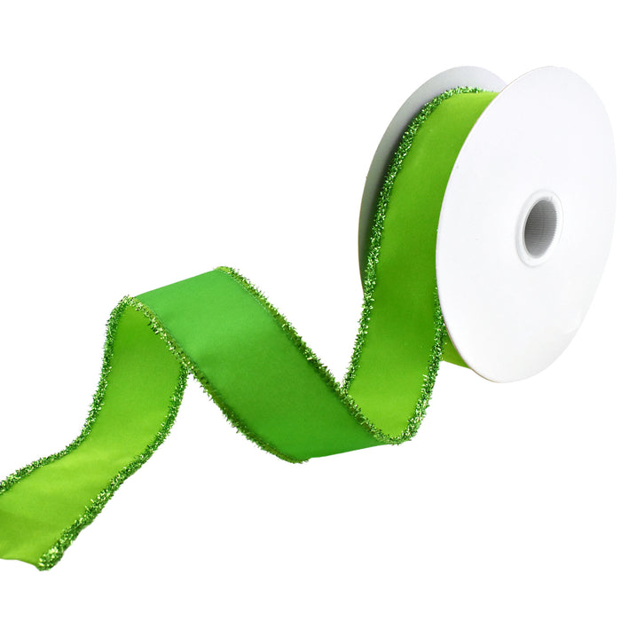 Christmas Velvet Tinsel Edge Wired Ribbon, 1-1/2-Inch, 10-Yard - Lime Green
