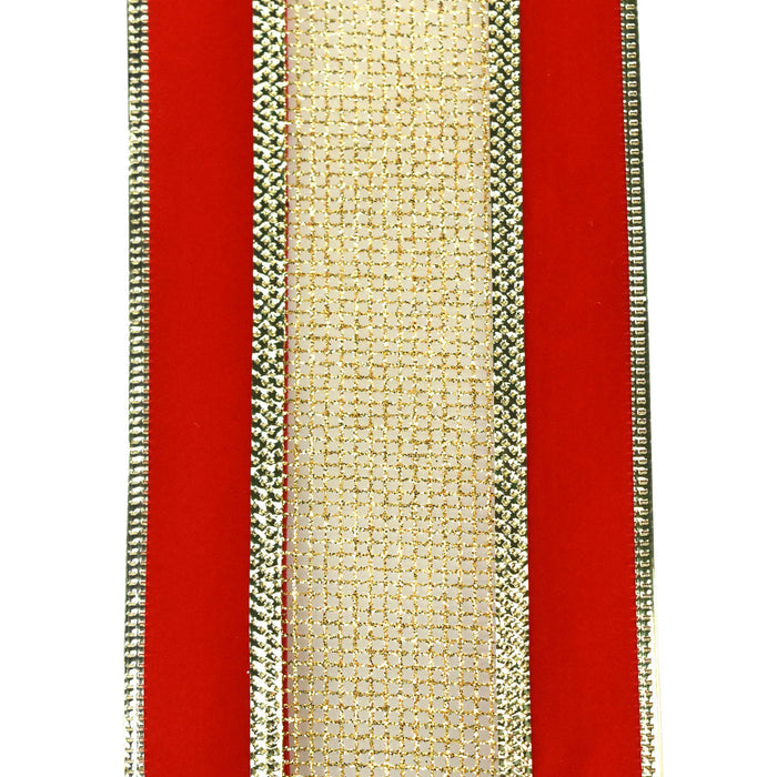Christmas Velvet with Glittered Net Wired Ribbon, 4-Inch, 10-Yard - Red/Gold