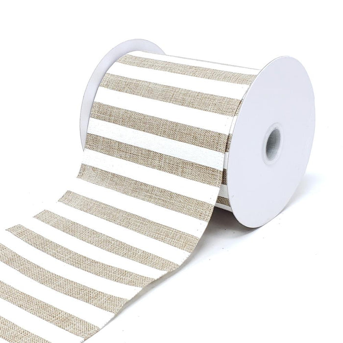 Christmas White Horizontal Stripes Linen Ribbon, Light Natural, 10-Yard