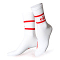 White crew socks with red stripes and "ciao" in red text, on a white background.