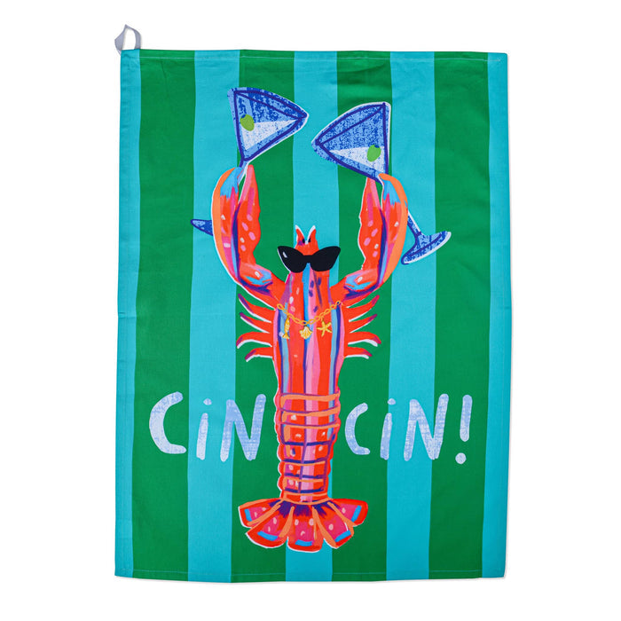 A green and turquoise striped cotton tea towel featuring a colorful lobster wearing sunglasses and holding blue martini glasses, with the text 'Cin Cin!' in white, flat on a white background.