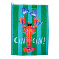 A green and turquoise striped cotton tea towel featuring a colorful lobster wearing sunglasses and holding blue martini glasses, with the text 'Cin Cin!' in white, flat on a white background.