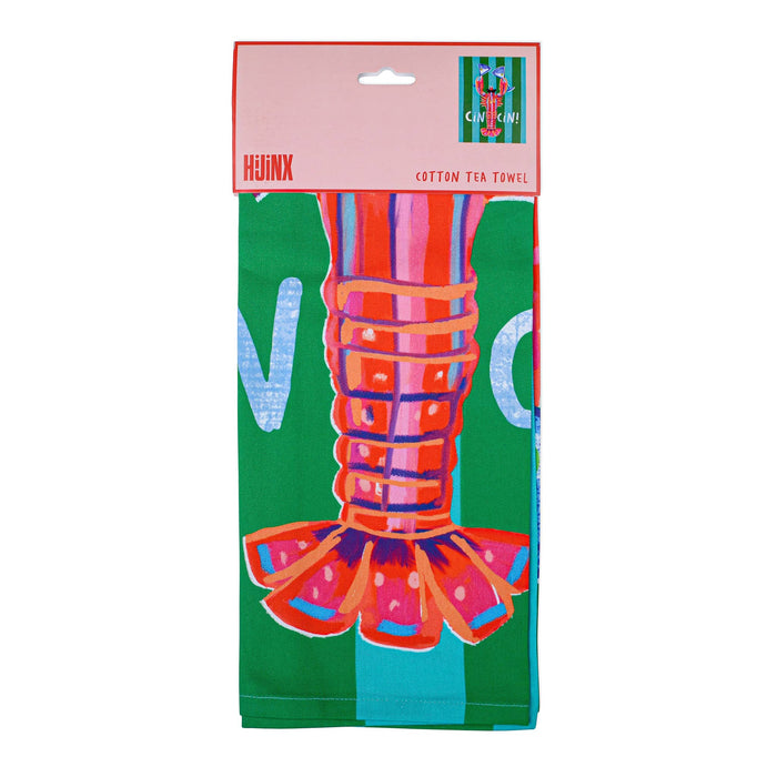 Packaged tea towel with a red lobster design and 'Hijinx' branding, front view, on a white background.