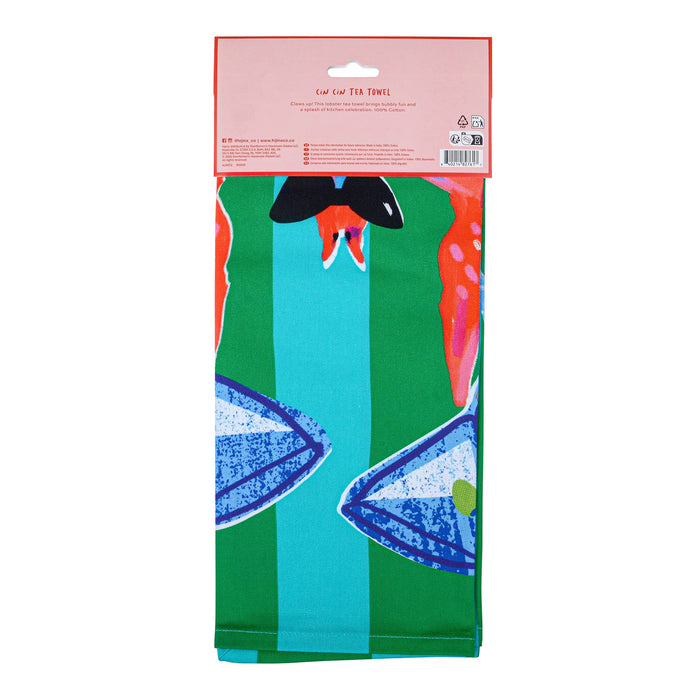 Packaged tea towel with a red lobster design and 'Hijinx' branding, back view, on a white background.