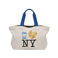 Mini tote bag with 'NY' and icons of a greek coffee cup and a bacon, egg, and cheese on a roll sandwich, on a white background.