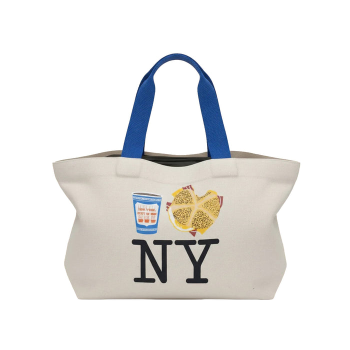 Mini tote bag with 'NY' and icons of a greek coffee cup and a bacon, egg, and cheese on a roll sandwich, on a white background.