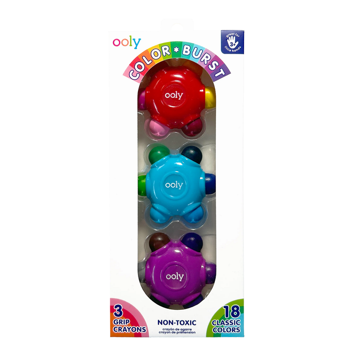Ooly Color Burst Grip Crayons in box packaging, front view.