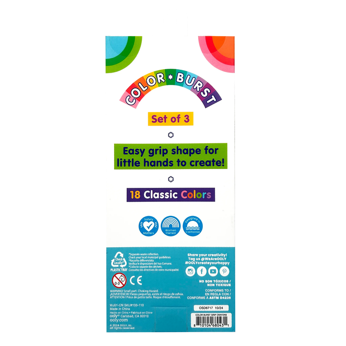 Ooly Color Burst Grip Crayons in box packaging, back view.