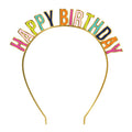 Colorful 'Happy Birthday' headband on a white background.