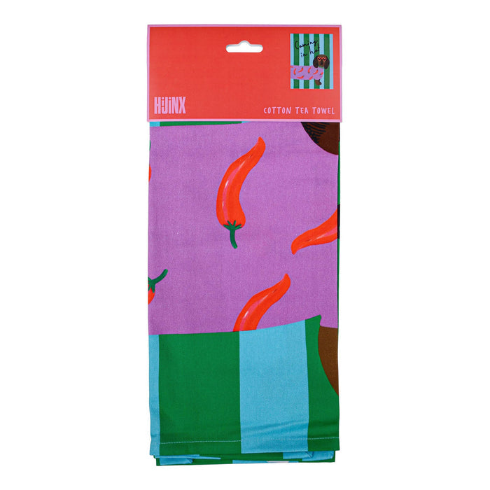 Packaged tea towel with a dachshund design and 'Hijinx' branding, front view, on a white background.