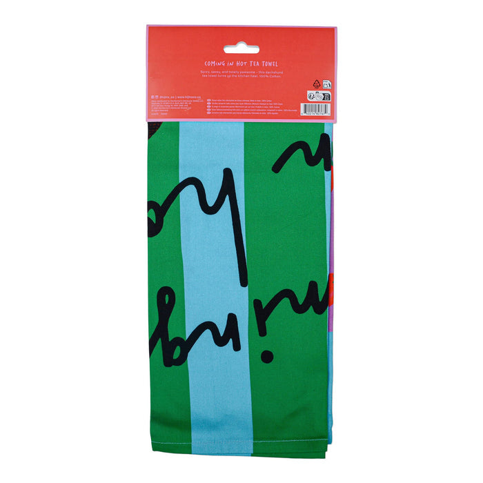 Packaged tea towel with a dachshund design and 'Hijinx' branding, back view, on a white background.