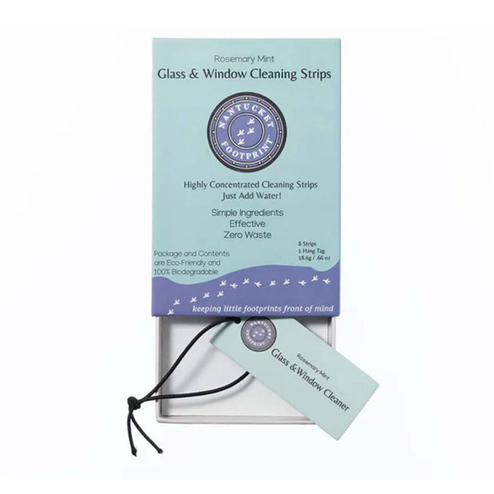 Nantucket Footprint Rosemary and Mint highly concentrated glass and window cleaner strips in blue box packaging, front view with drawer pulled out and included hang tag showing.