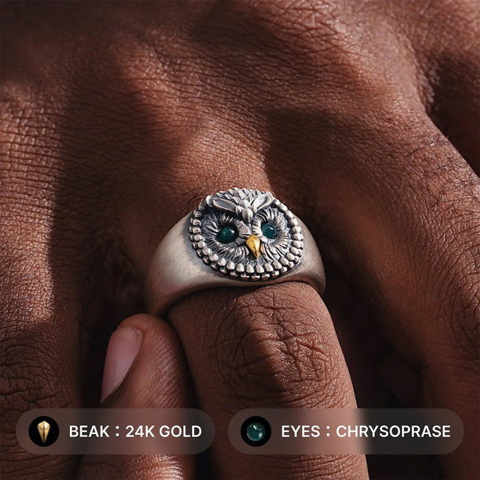 COPPERTIST.WU Oxidized Silver and 24K Owl Gem Eye Ring