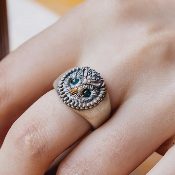 COPPERTIST.WU Oxidized Silver and 24K Owl Gem Eye Ring