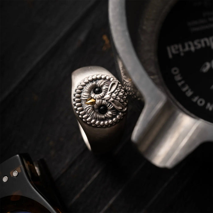 COPPERTIST.WU Oxidized Silver and 24K Owl Gem Eye Ring