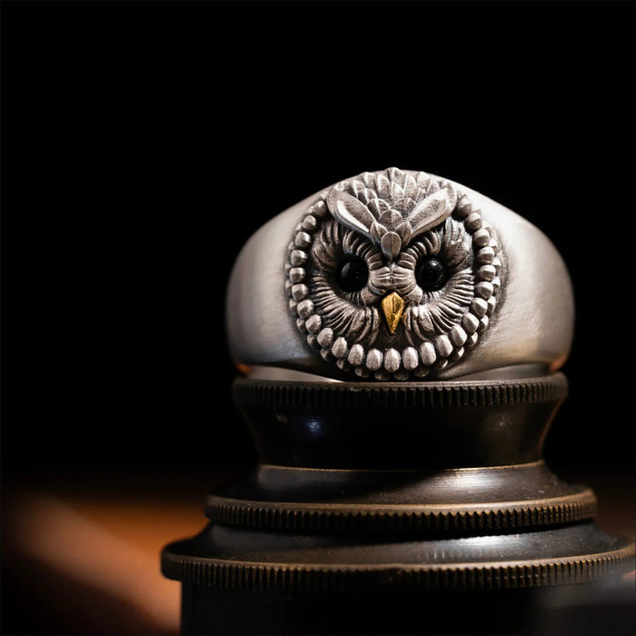 COPPERTIST.WU Oxidized Silver and 24K Owl Gem Eye Ring