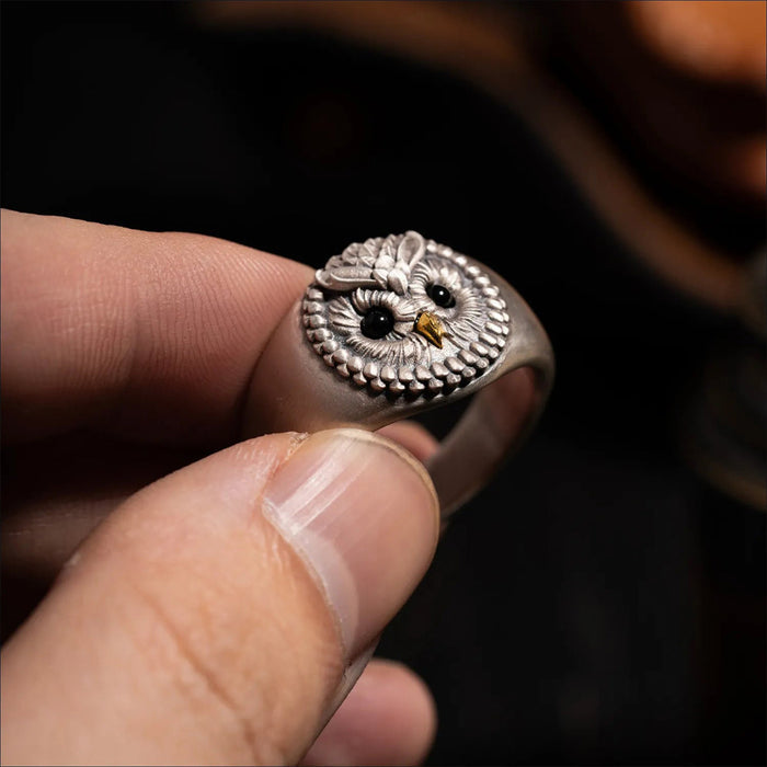 COPPERTIST.WU Oxidized Silver and 24K Owl Gem Eye Ring