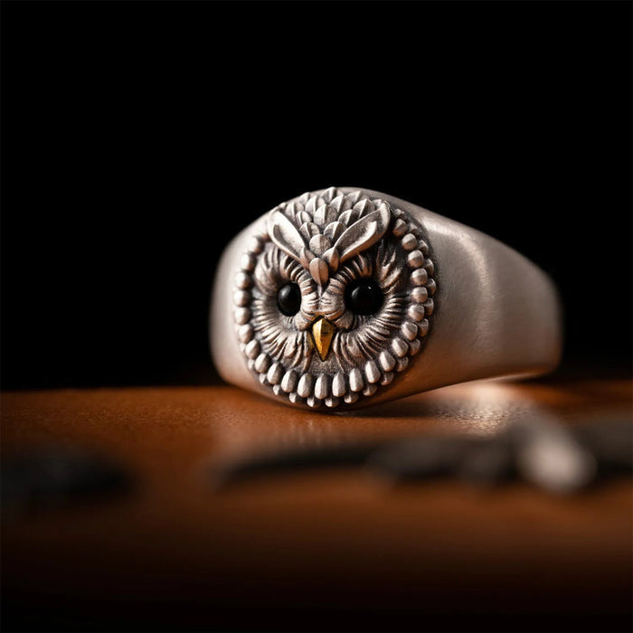 COPPERTIST.WU Oxidized Silver and 24K Owl Gem Eye Ring