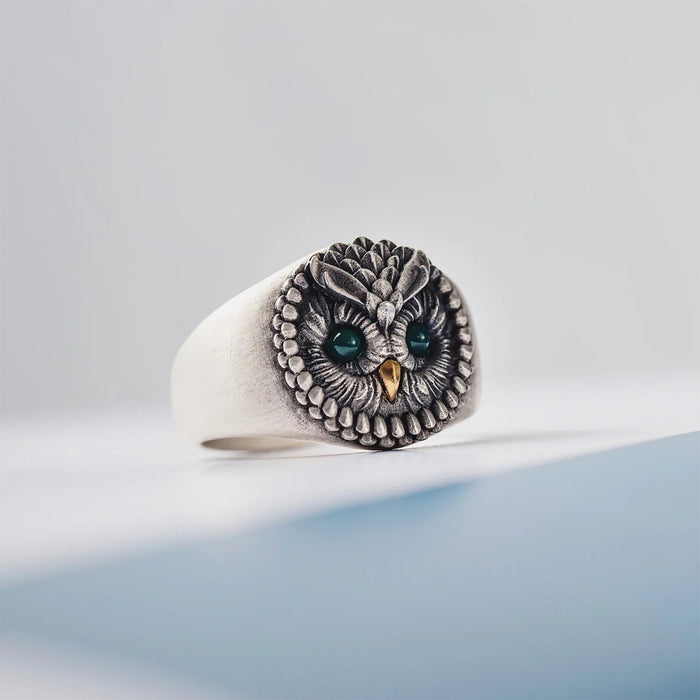 COPPERTIST.WU Oxidized Silver and 24K Owl Gem Eye Ring