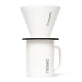 Corkcicle Pour-Over Coffee Kit in white Oat Milk finish with filter and insulated mug, shown stacked.