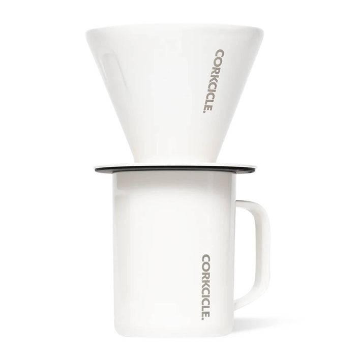 Corkcicle Pour-Over Coffee Kit in white Oat Milk finish with filter and insulated mug, shown stacked.