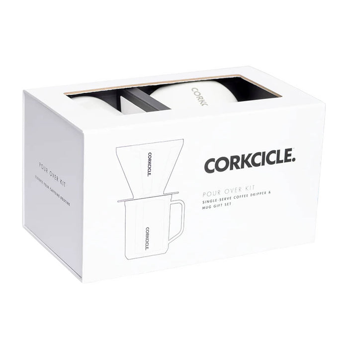 Corkcicle Pour-Over Coffee Kit in white Oat Milk finish with filter and insulated mug, in box packaging, front angle view.
