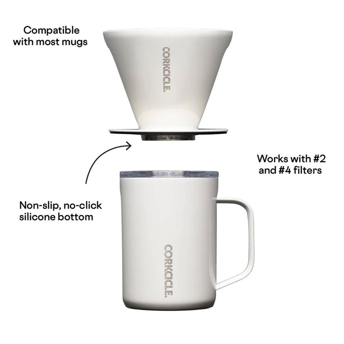 Corkcicle Pour-Over Coffee Kit in white Oat Milk finish with filter and insulated mug, shown separate.