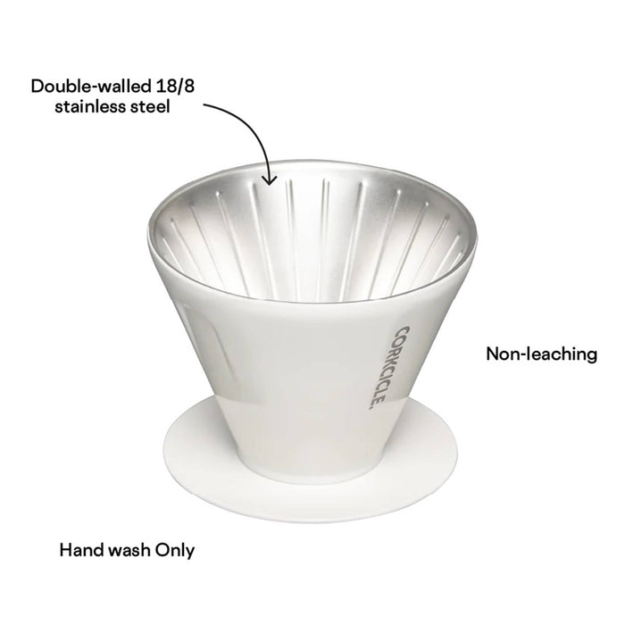 Corkcicle Pour-Over Coffee Kit in white Oat Milk finish with detail of filter assembly.
