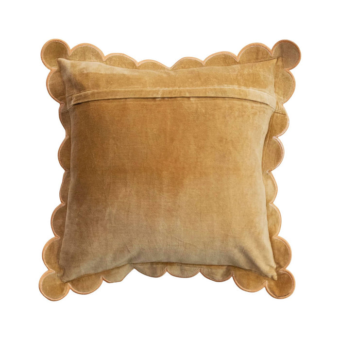 Gold velvet pillow with scalloped edge, back view with zipper, on a white background