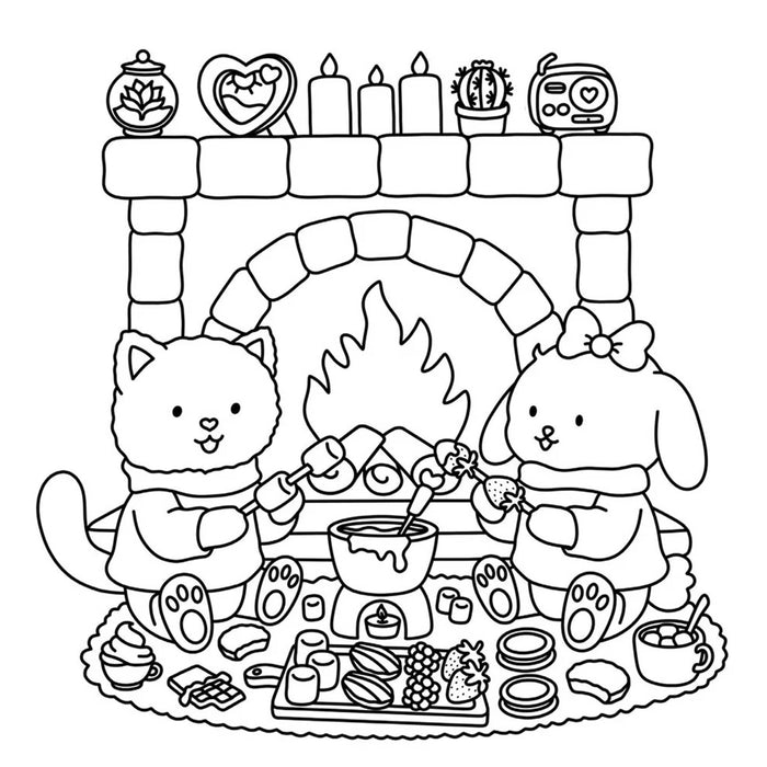 Black and white line art illustration of a cozy fireplace scene with a cat and a dog wearing winter clothing, sharing food and dipping treats into a pot of melted chocolate or sauce. The scene includes candles, a small plant, a radio, and other holiday items on the mantel and floor.