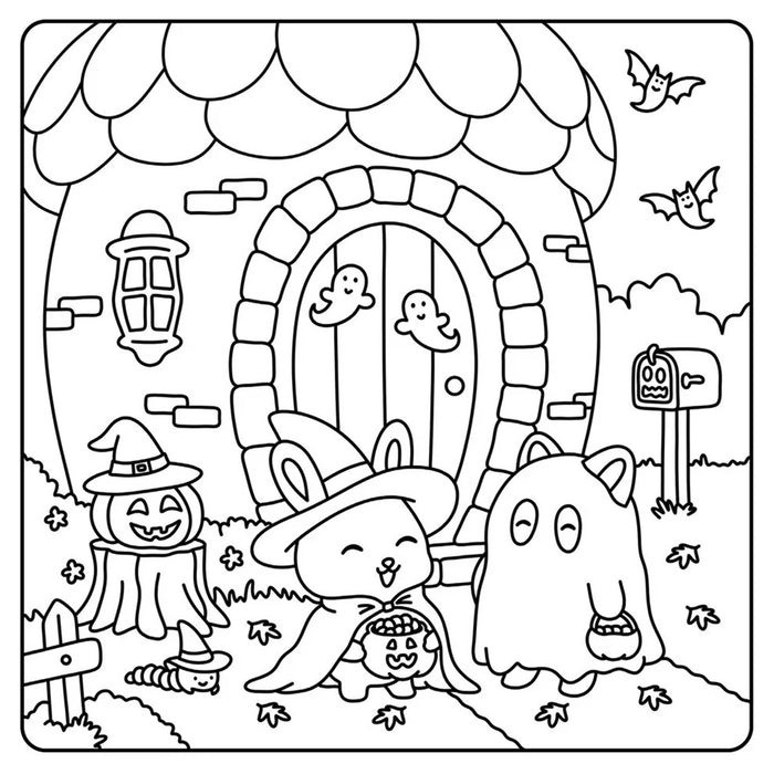 Black and white line art illustration of a cute cartoon cat dressed as a witch standing in front of a haunted house, holding a jack-o'-lantern, with a ghost and a pumpkin mailbox nearby.