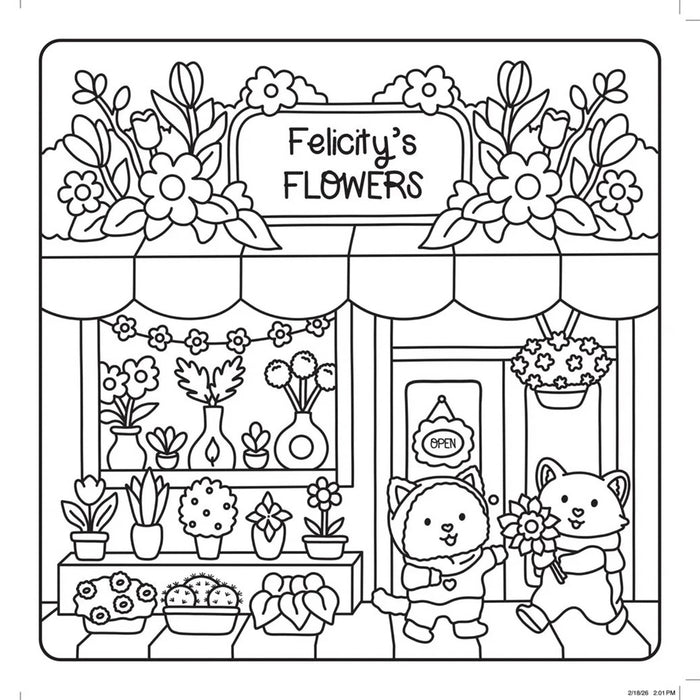 Black and white line art illustration of a flower shop storefront with the sign 'Felicity's FLOWERS,' floral decorations, potted plants, and two cartoon cats standing in front of the door holding flowers.