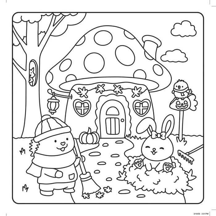 Black and white cartoon illustration of a mushroom house with a dog in a winter outfit sweeping in front, a rabbit in a pile of leaves, a bird on a jack-o'-lantern sign, and a pumpkin, shown as a coloring-page style scene.