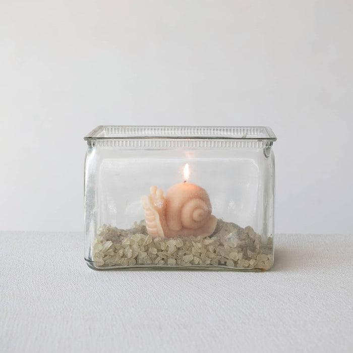 Candle shaped like a shell in a clear glass container with pebbles on a gray background.