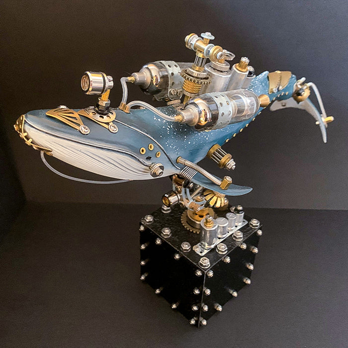 Creative 3D Blue Whale Animal Metal Steampunk Model with Base Handmade Assembled Crafts