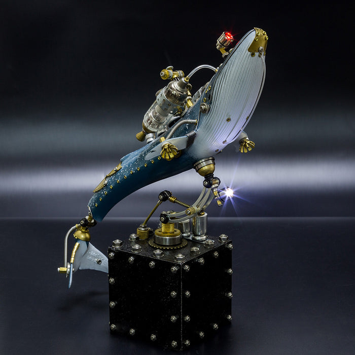 Creative 3D Blue Whale Animal Metal Steampunk Model with Base Handmade Assembled Crafts