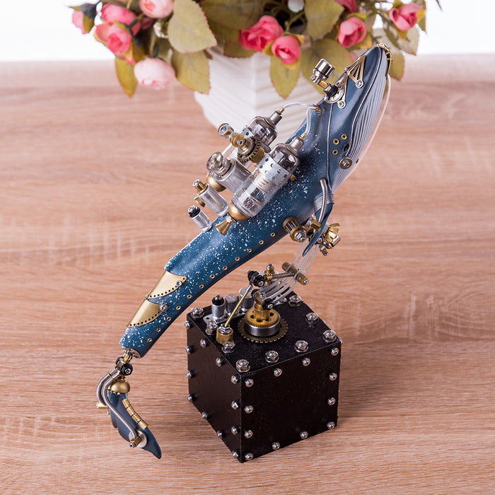 Creative 3D Blue Whale Animal Metal Steampunk Model with Base Handmade Assembled Crafts