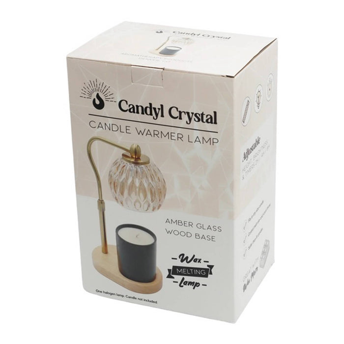 Candyl Crystal Candle Warmer Lamp retail packaging box, featuring a candle warmer lamp illustration with amber glass, wood base, and black candle jar on a white background.