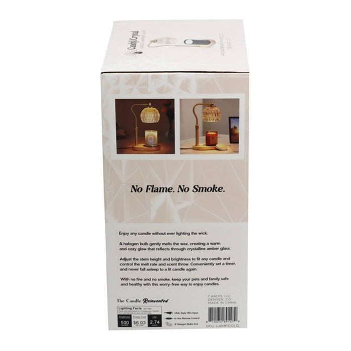 The side of a white product box for a candle warmer lamp, featuring product images of the lit lamp and product specifications at the bottom.
