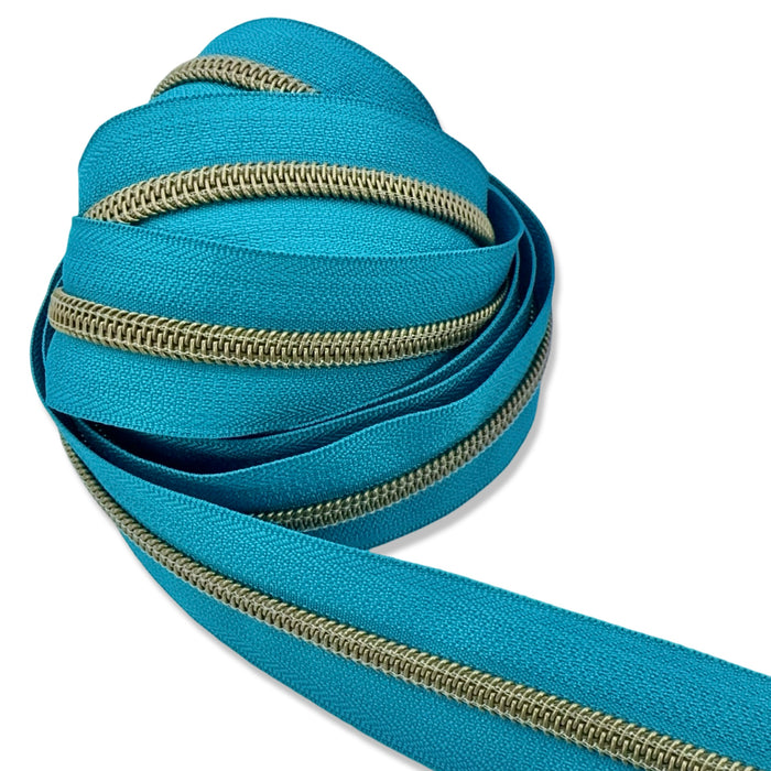 Crystal Teal | #5 Antique Gold Zipper by the Yard - 3 Yard Singles