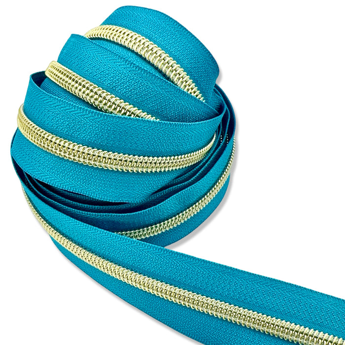 Crystal Teal | #5 Light Gold Zipper by the Yard - 3 Yard Singles