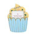 A cupcake-shaped felt gift card holder with a light blue wrapper, yellow frosting, and small glitter star accents, holding a white gift card that reads 'PACKED PARTY GIFT CARD HOLDER' on a plain white background.
