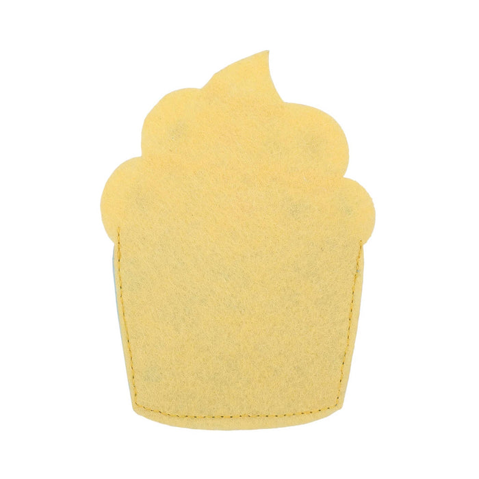 The back of a yellow felt cupcake-shaped gift card holder with stitched edges, shown on a plain white background.