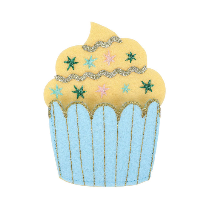 A cupcake-shaped felt gift card holder with a light blue wrapper, yellow frosting, and small glitter star accents on a plain white background.